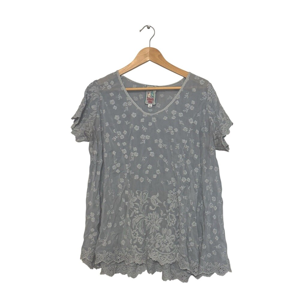 Johnny Was Aubrey Floral Embroidered Top Blue Gray Medium